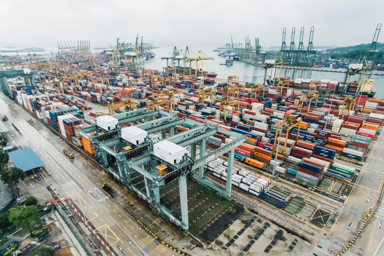 Aerial view of a busy container port